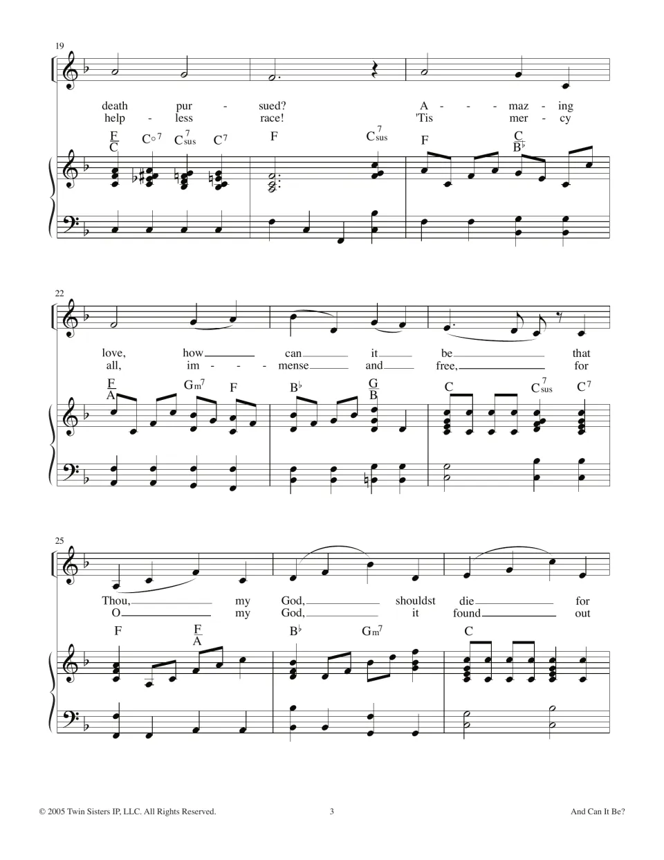 Third hymn score page: “Amazing love, how can it be” and “'Tis mercy all” continue with piano accompaniment.