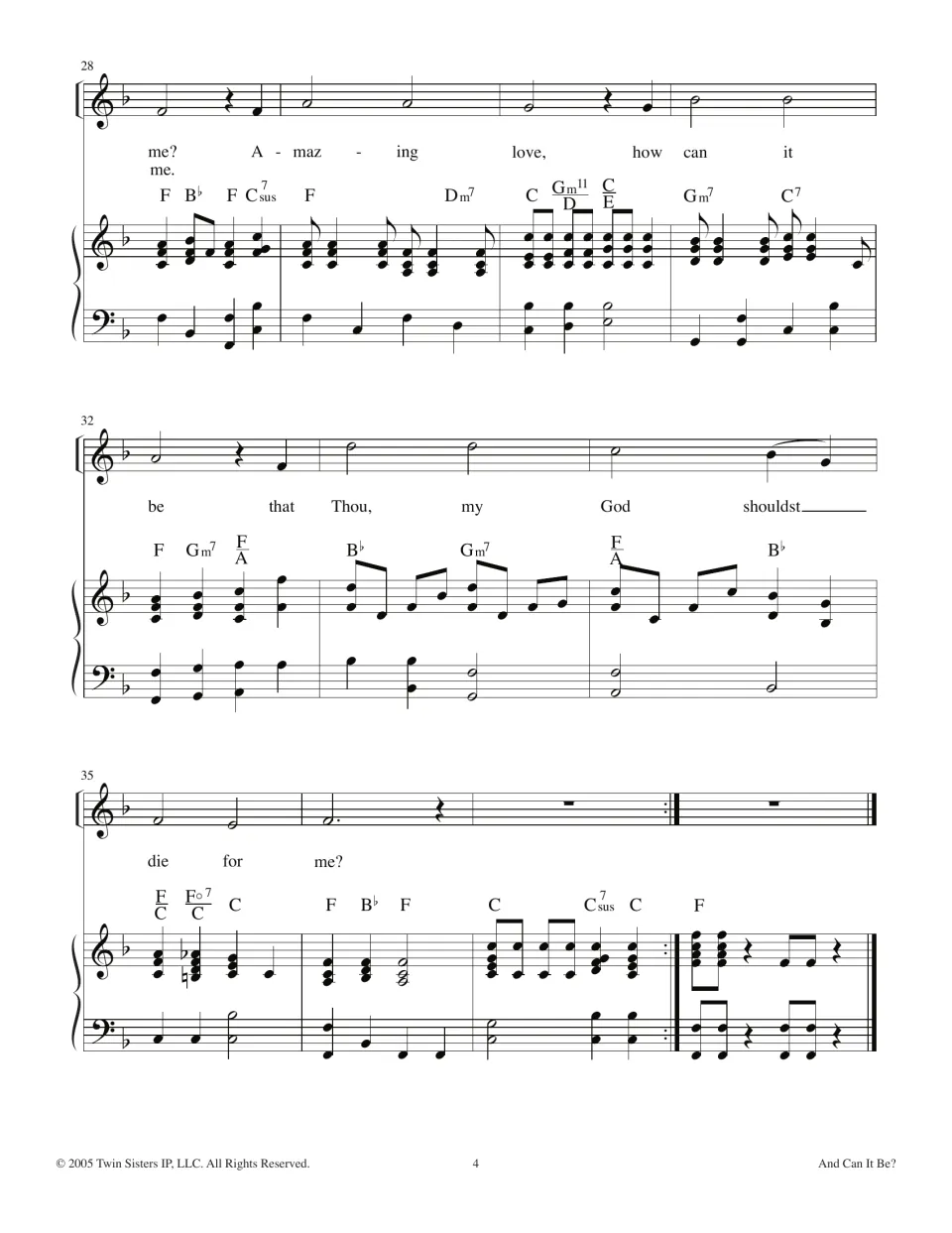 Final hymn score page: closing “Amazing love” refrain, repeat sign, and a short piano ending.