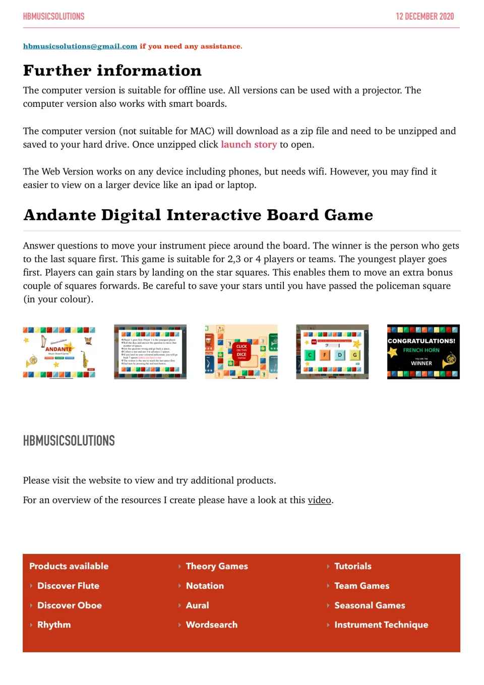 Game setup and rules: 2 to 4 players or teams answer theory questions to move instrument pieces and collect bonus stars