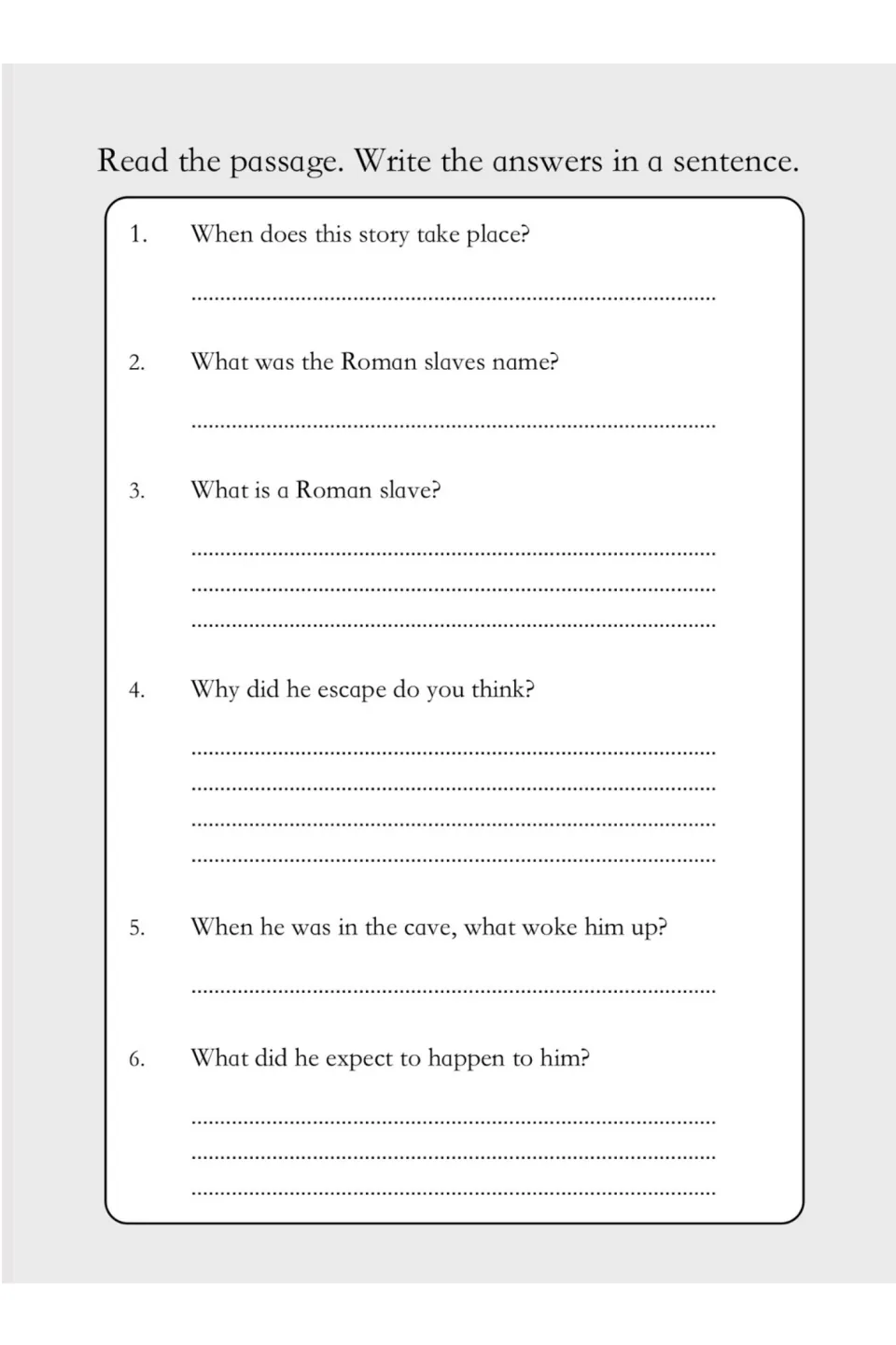 Comprehension questions 1–6 ask about the story's time, Androcles, slavery, his escape, and the lion's roar
