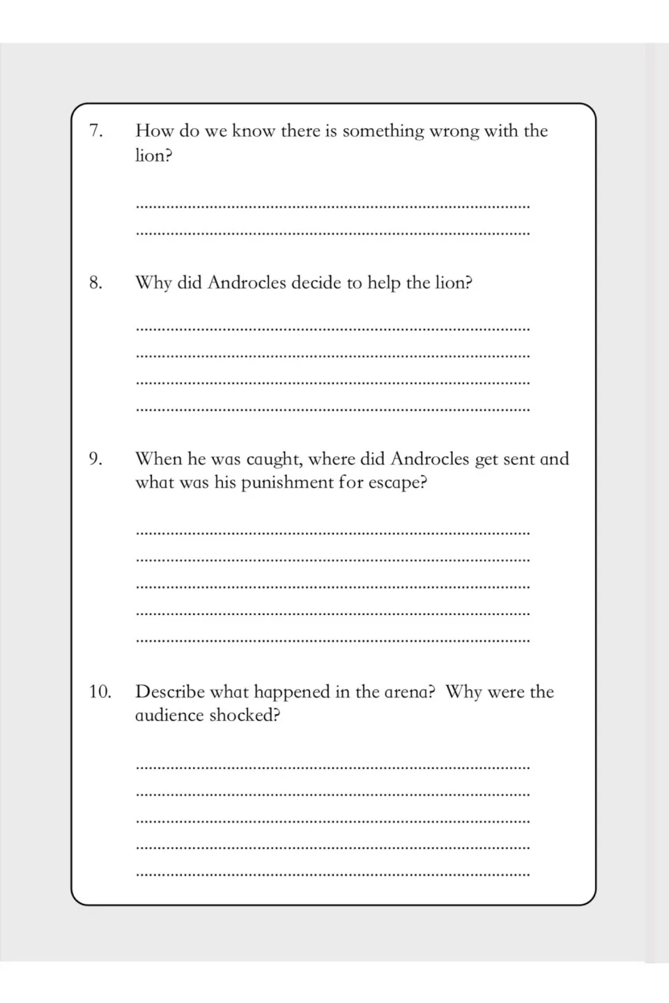 Comprehension questions 7–10 ask about the injured lion, Androcles' help, his punishment, and the arena