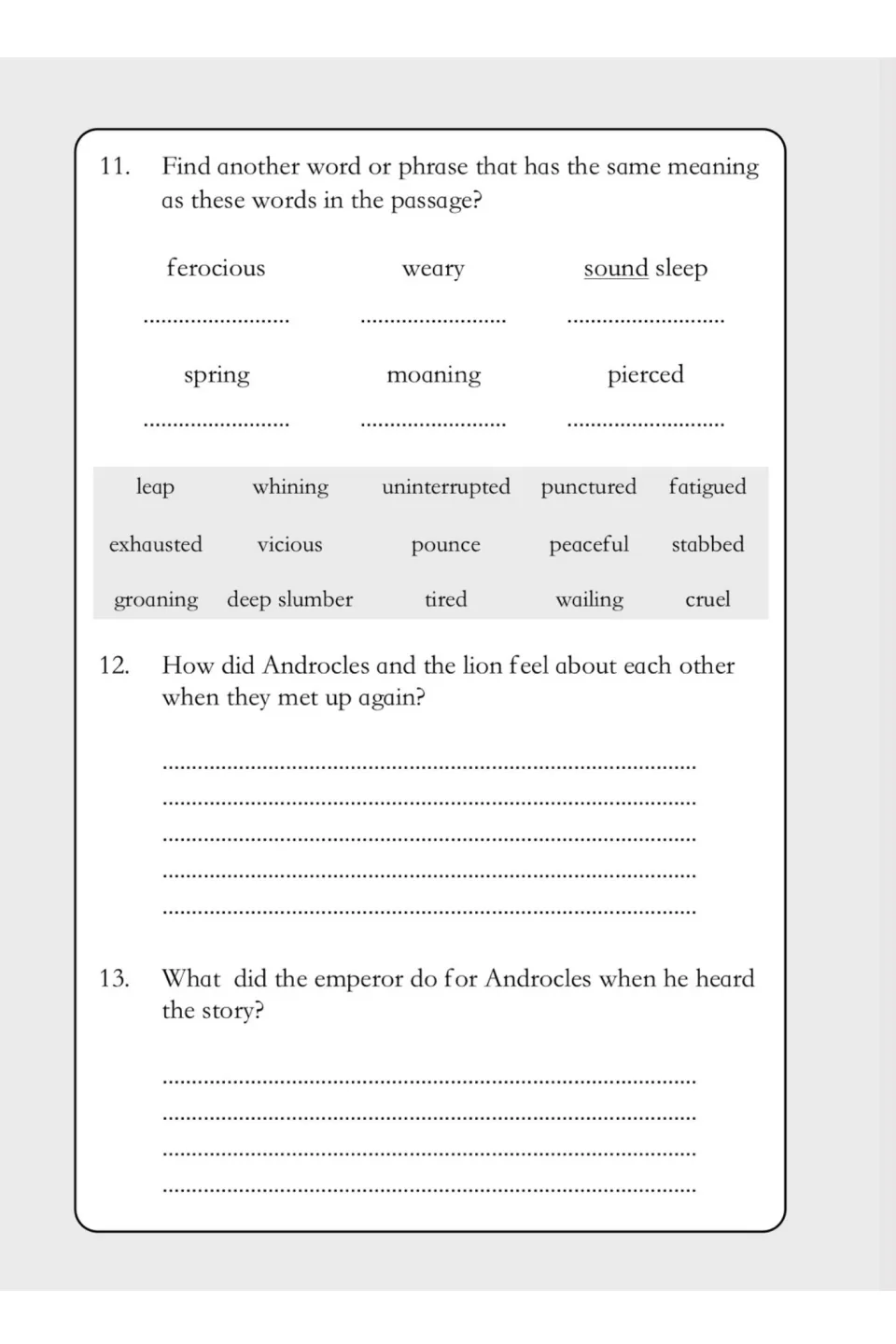Questions 11–13 include synonyms for six story terms, feelings at the reunion, and the emperor's response