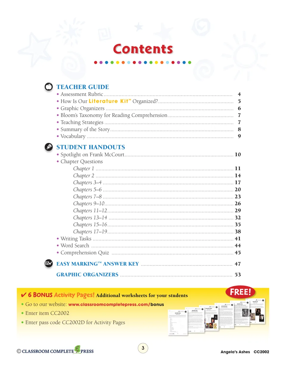 Literature kit contents lists the teacher guide, chapter handouts, writing tasks, quiz, and answer key