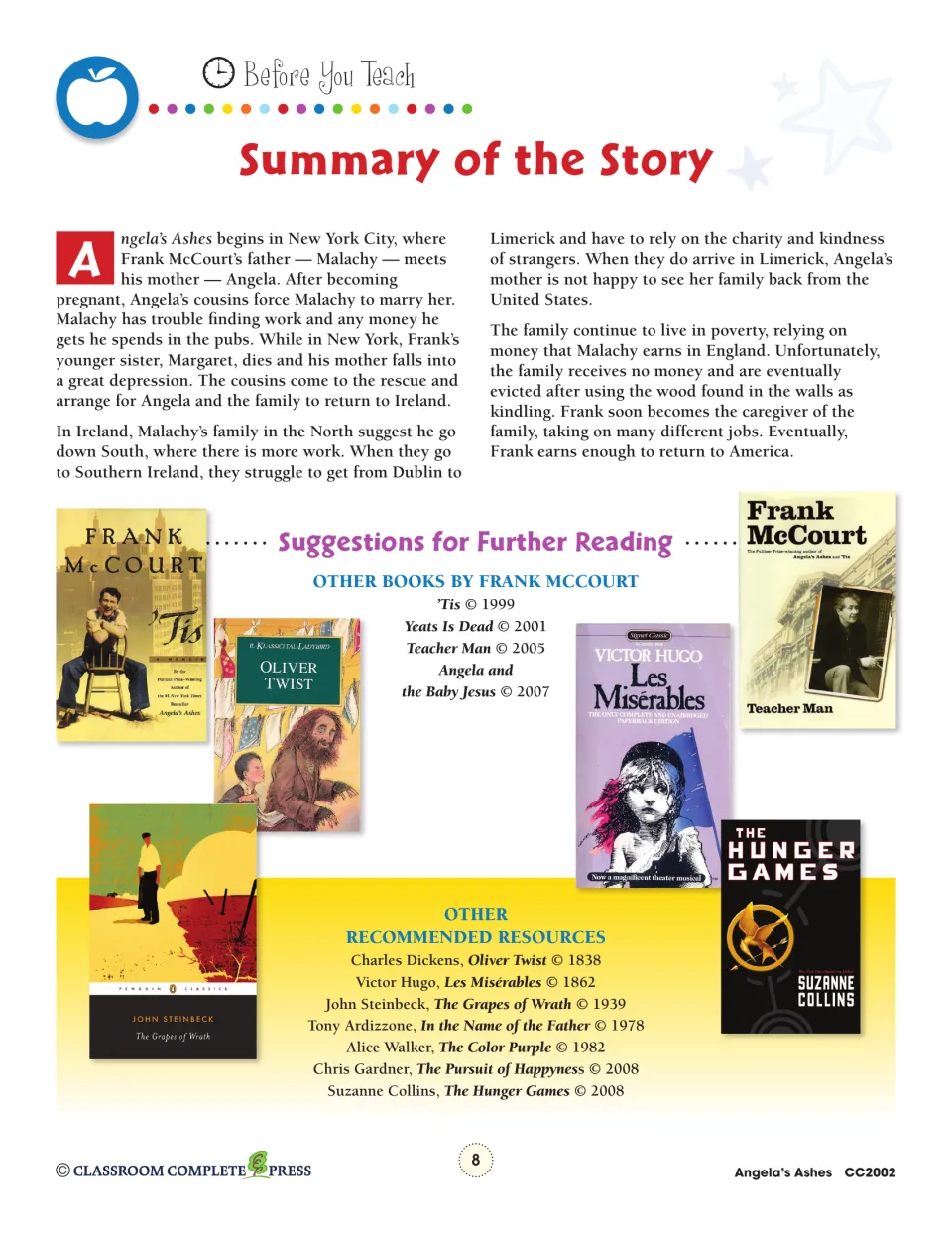 Teacher story summary follows Frank's family from New York to poverty in Ireland and his return to America