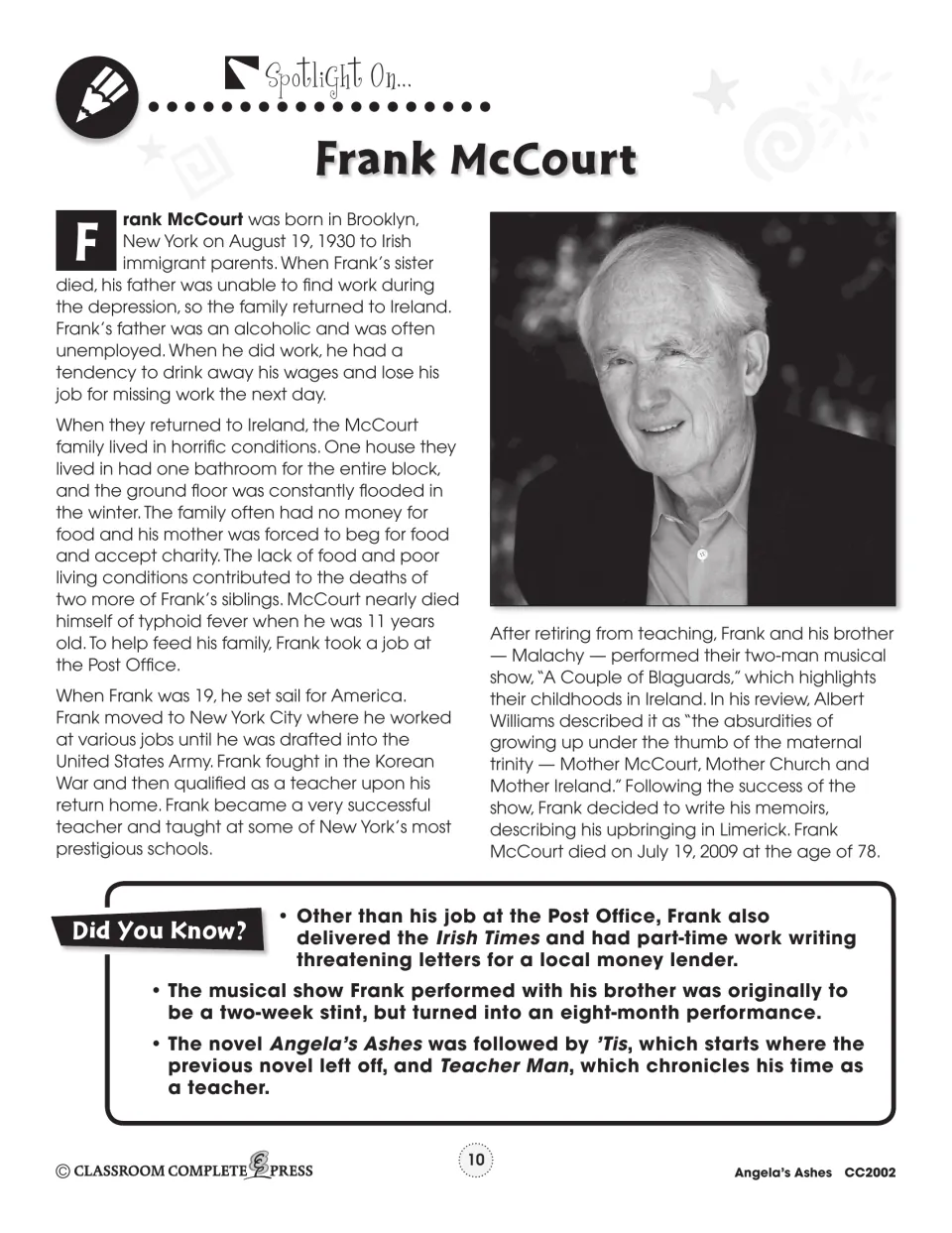 Author background handout covers Frank McCourt's childhood, work, teaching career, performance, and memoirs