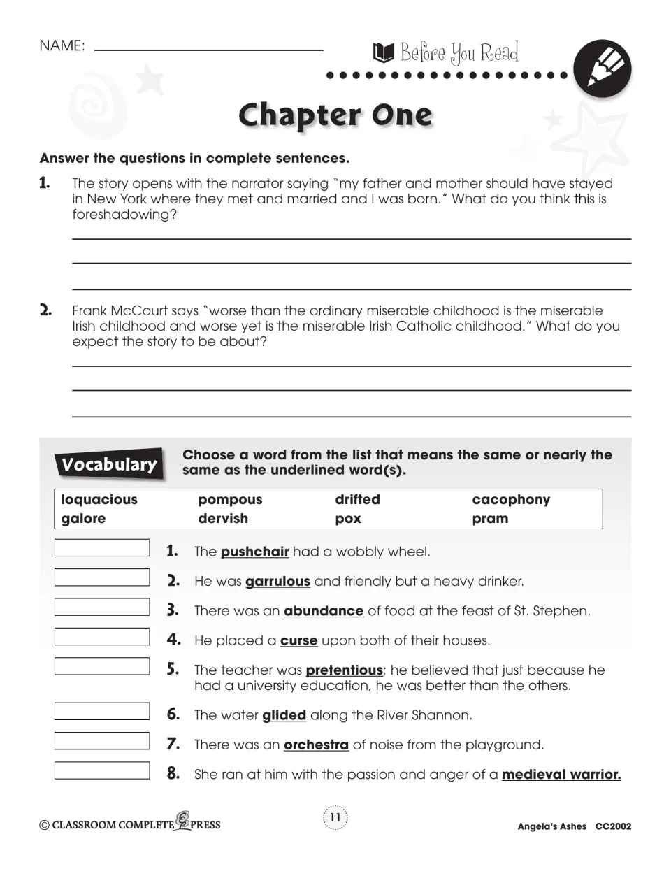 Chapter One prereading handout asks two prediction questions and eight vocabulary synonym-matching items