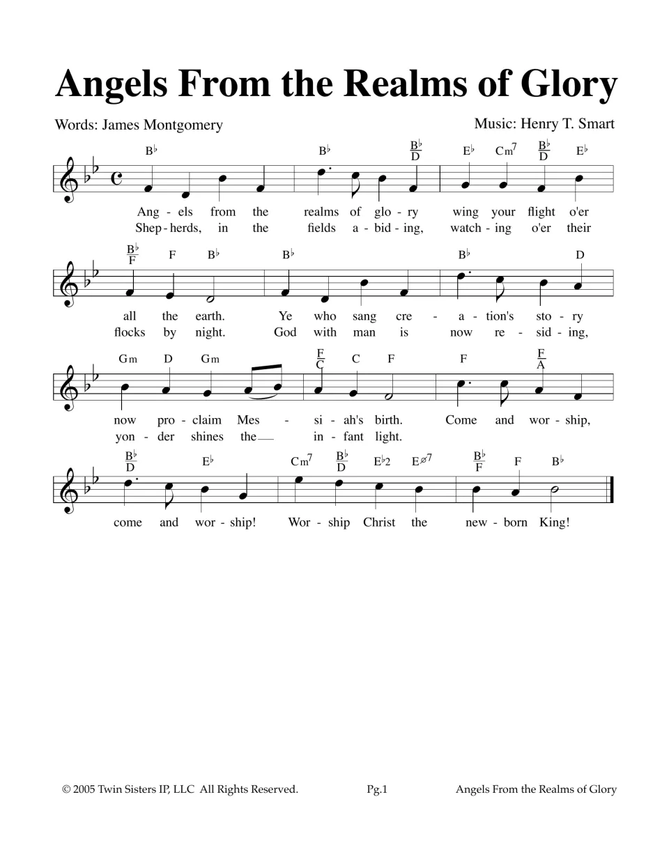 Carol lead sheet in B-flat: melody with chord symbols and two verses of lyrics by James Montgomery, music by Henry Smart