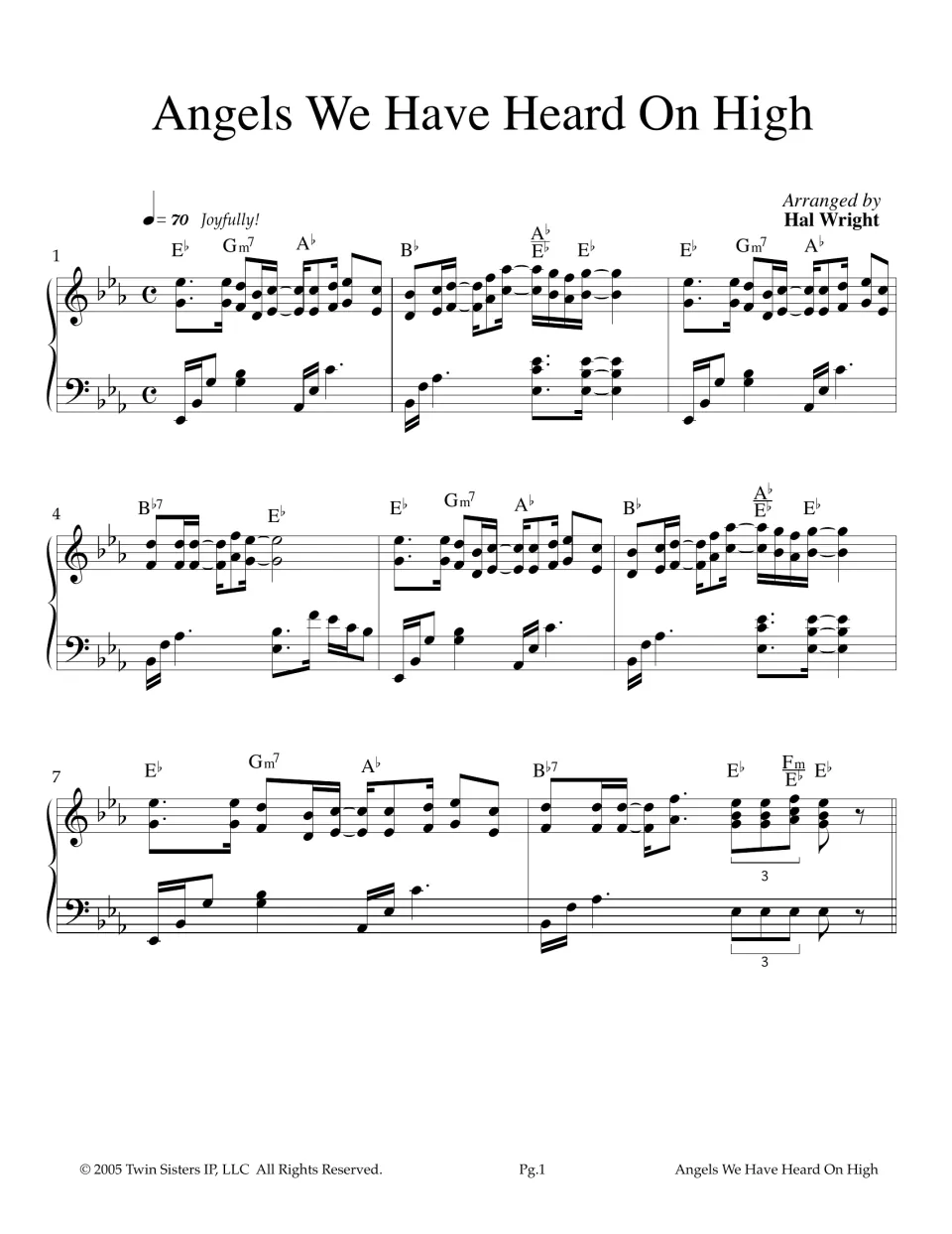 Angels We Have Heard On High piano intro, bars 1-8 in E-flat, marked Joyfully at 70 bpm, with chord symbols over each bar