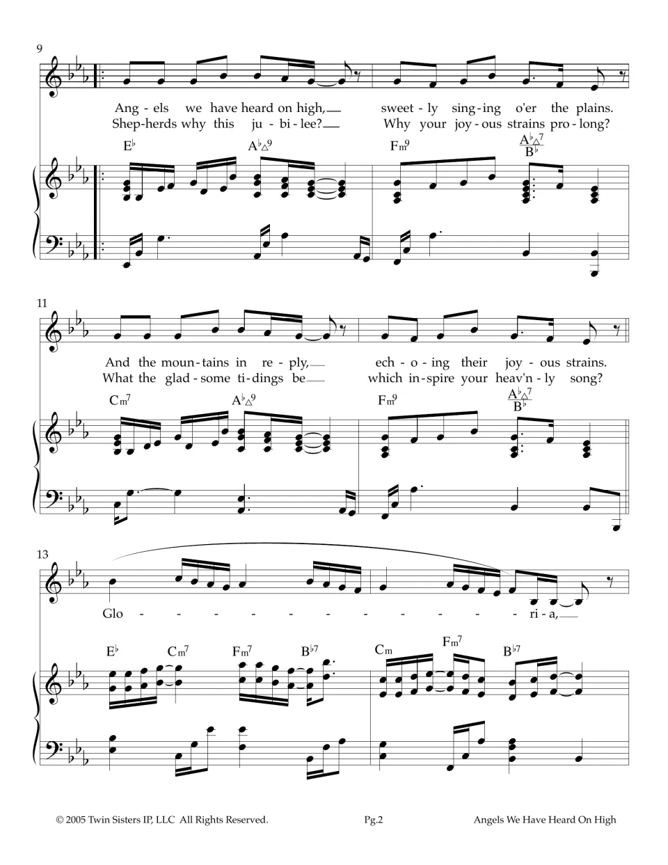 Verses 1 and 2, bars 9-14: vocal line with lyrics 'sweetly singing o'er the plains' and 'Shepherds why this jubilee?'