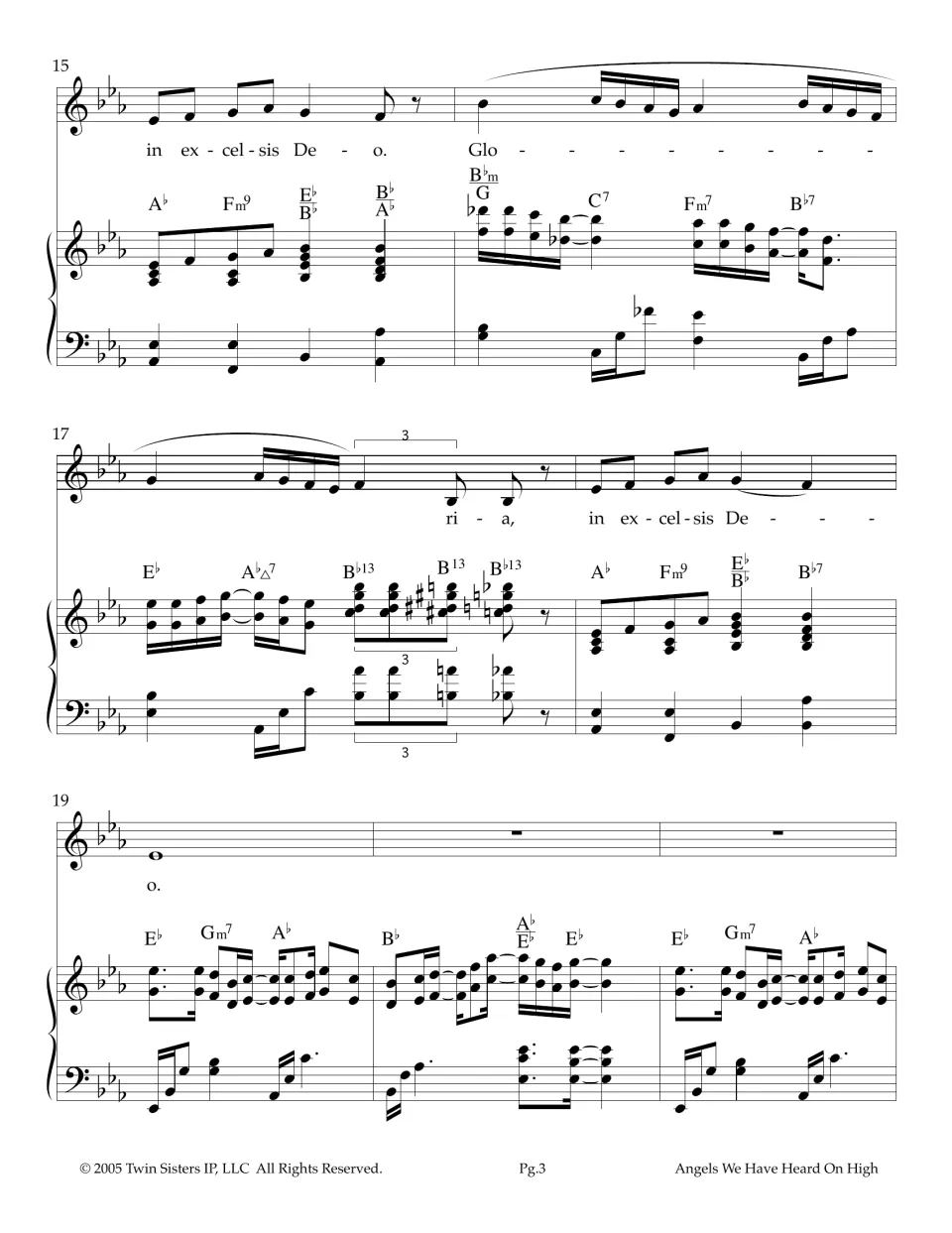Gloria refrain, bars 15-21: 'in excelsis Deo' and a long Gloria run over B-flat 13 chords, then the piano interlude returns