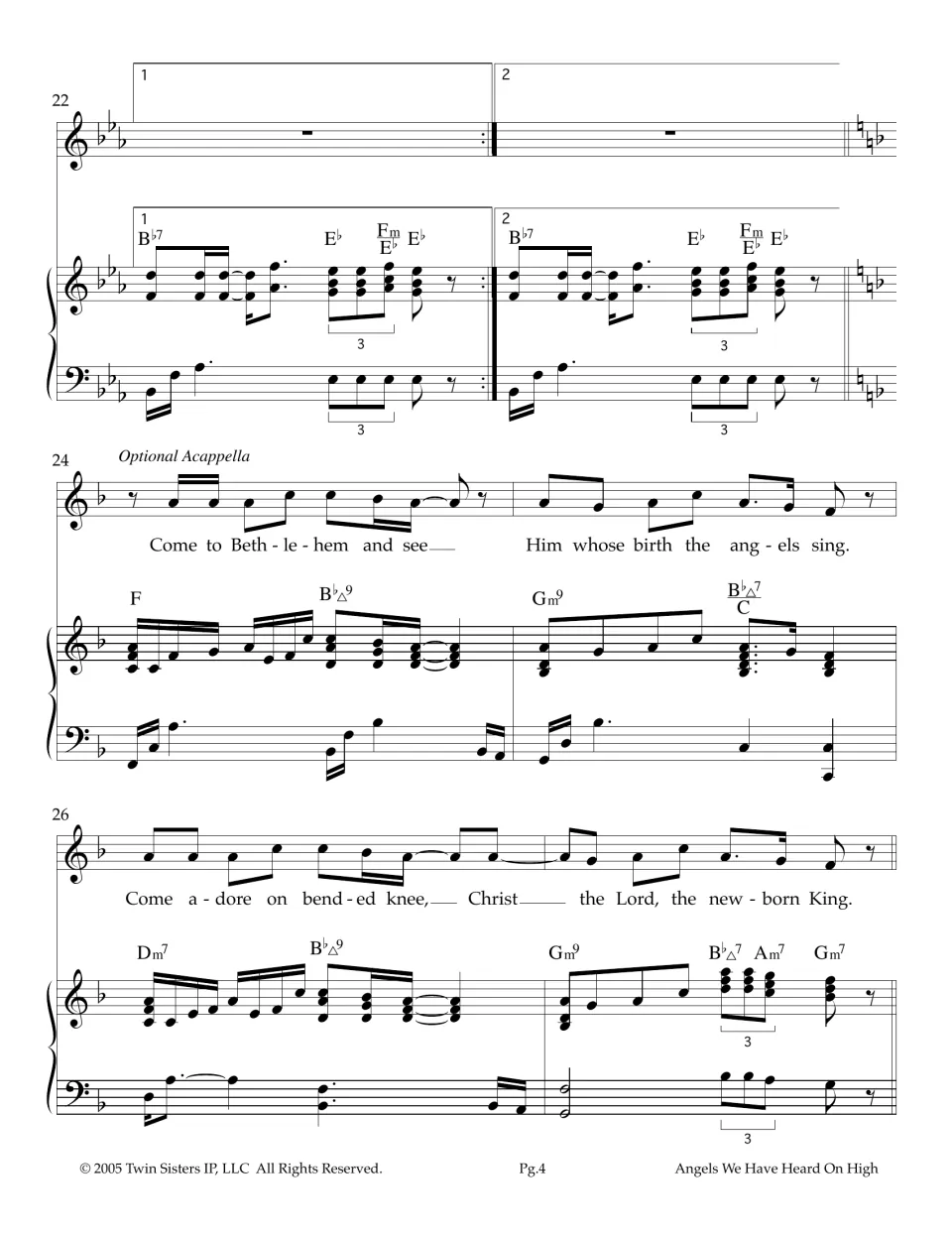 Verse 3 in F at bar 24, marked Optional Acappella, with lyrics from 'Come to Bethlehem and see' to 'the newborn King'