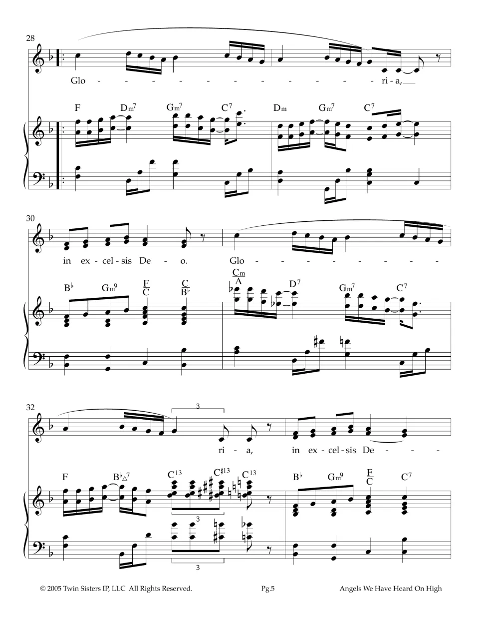 Final Gloria in F major, bars 28-33: vocal melisma and harmonized 'in excelsis Deo' over chords F, Dm7, Gm7 and C13