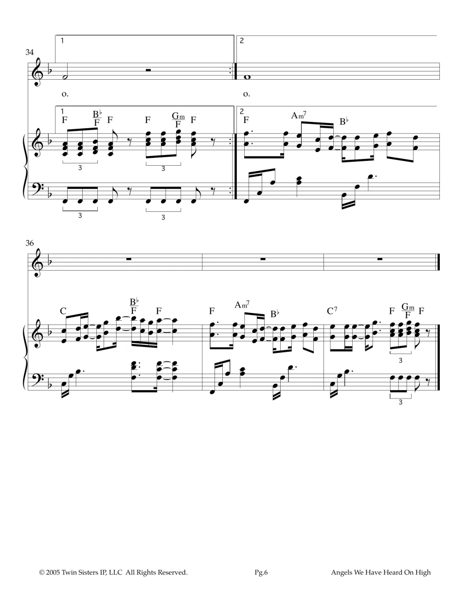 Closing bars 34-38: first and second endings on the held 'o' of Deo, then a closing piano tag in F