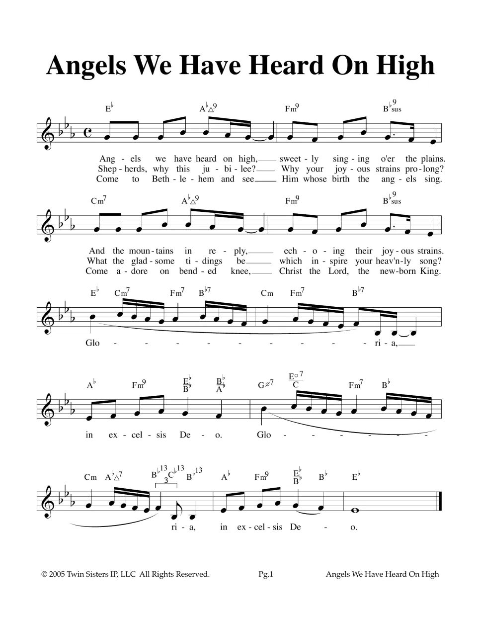 Angels We Have Heard On High lead sheet in E-flat: melody with chord symbols, three verses of lyrics and the Gloria refrain