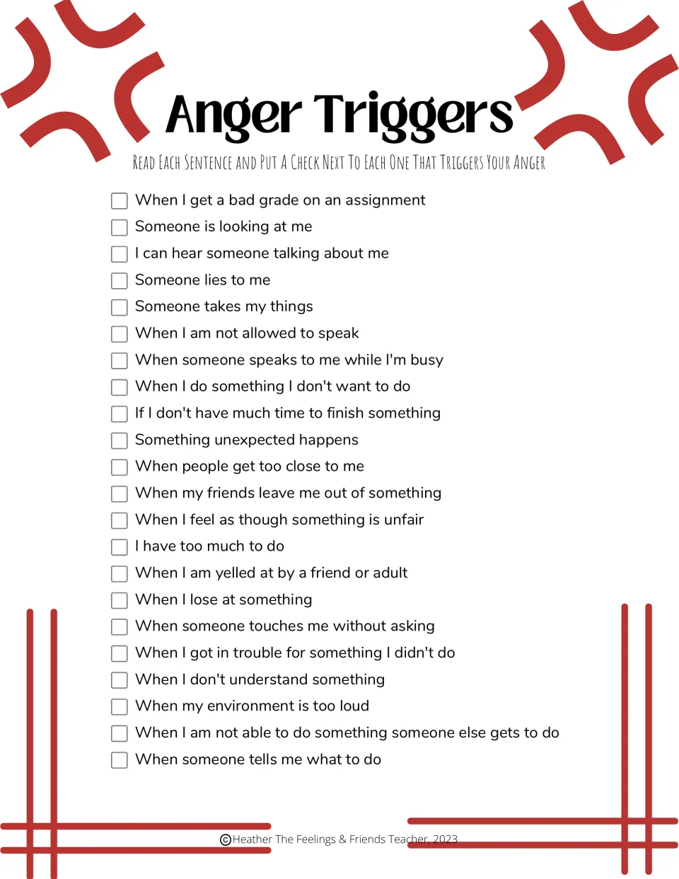 Anger triggers checklist: students tick each of 22 situations that make them angry, such as being lied to or left out