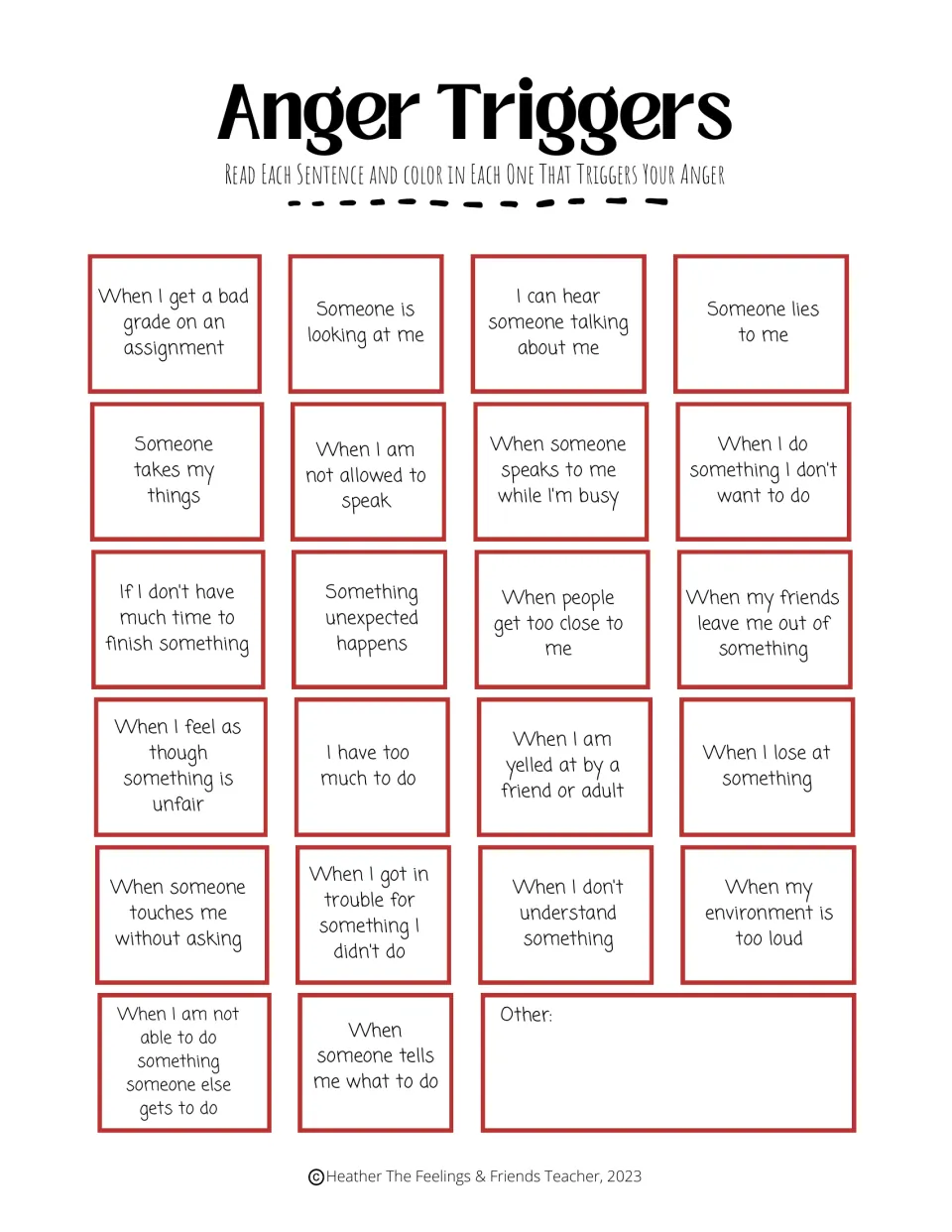 Anger triggers color-in version: students color the situations that anger them, such as losing or noise, plus Other