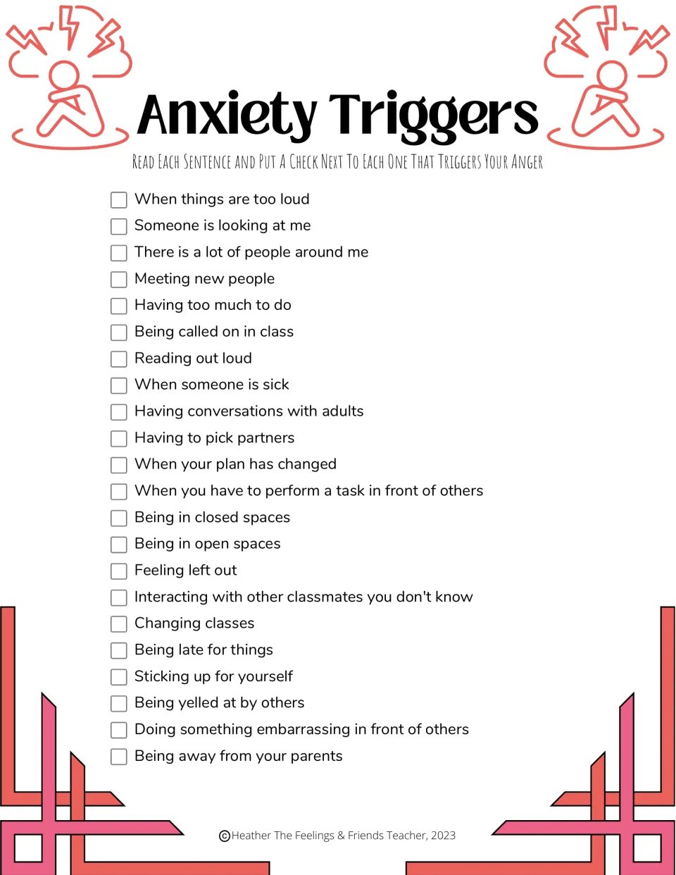 Anxiety triggers checklist: students tick each of 22 worries such as reading aloud, meeting new people or changing classes