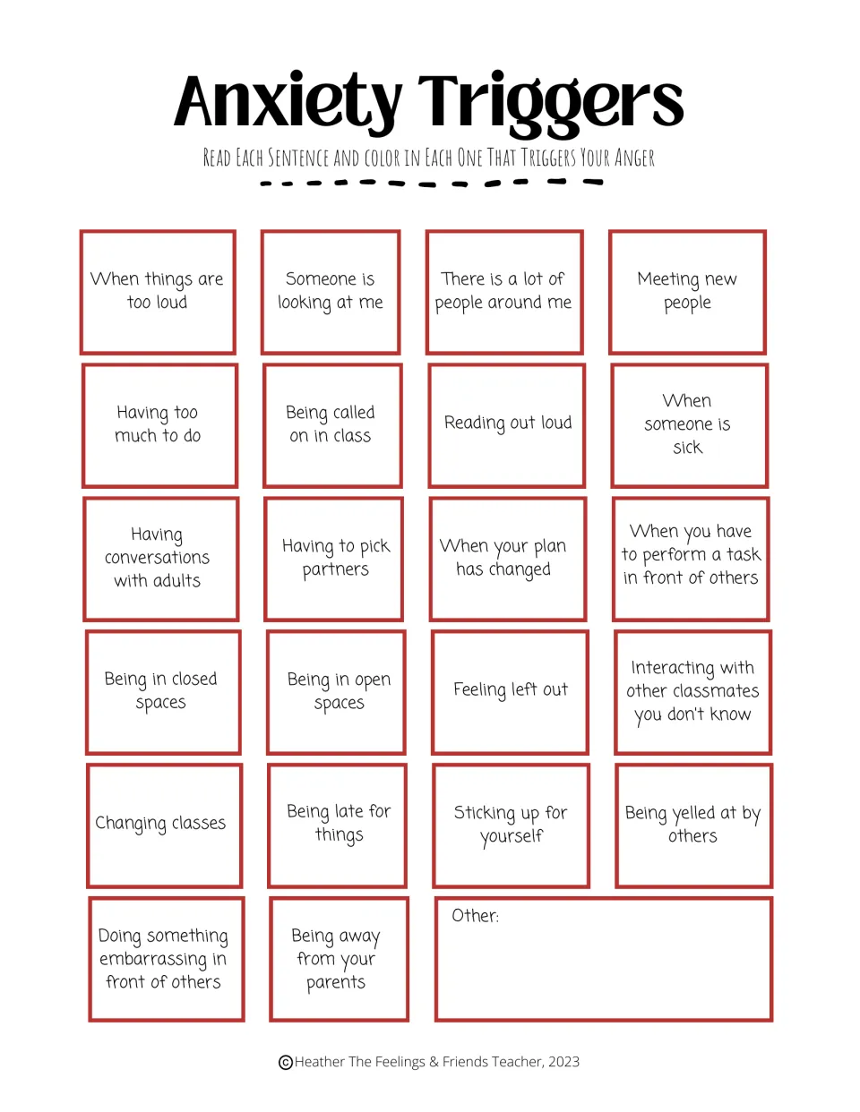 Anxiety triggers color-in version: students color situations that cause worry, like being called on in class