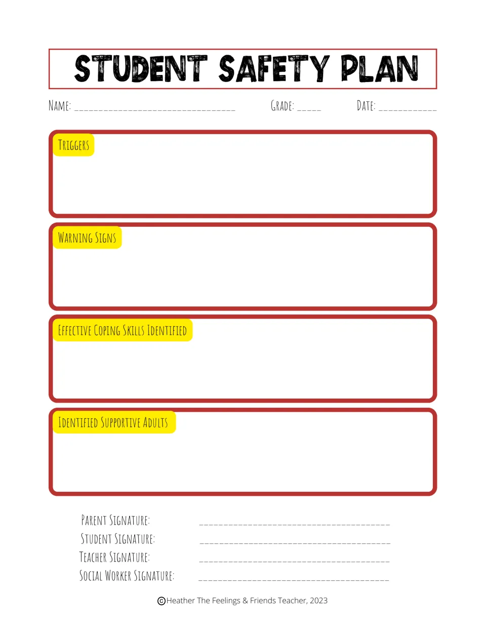 Student safety plan: triggers, warning signs, coping skills and supportive adults, with a social worker signature