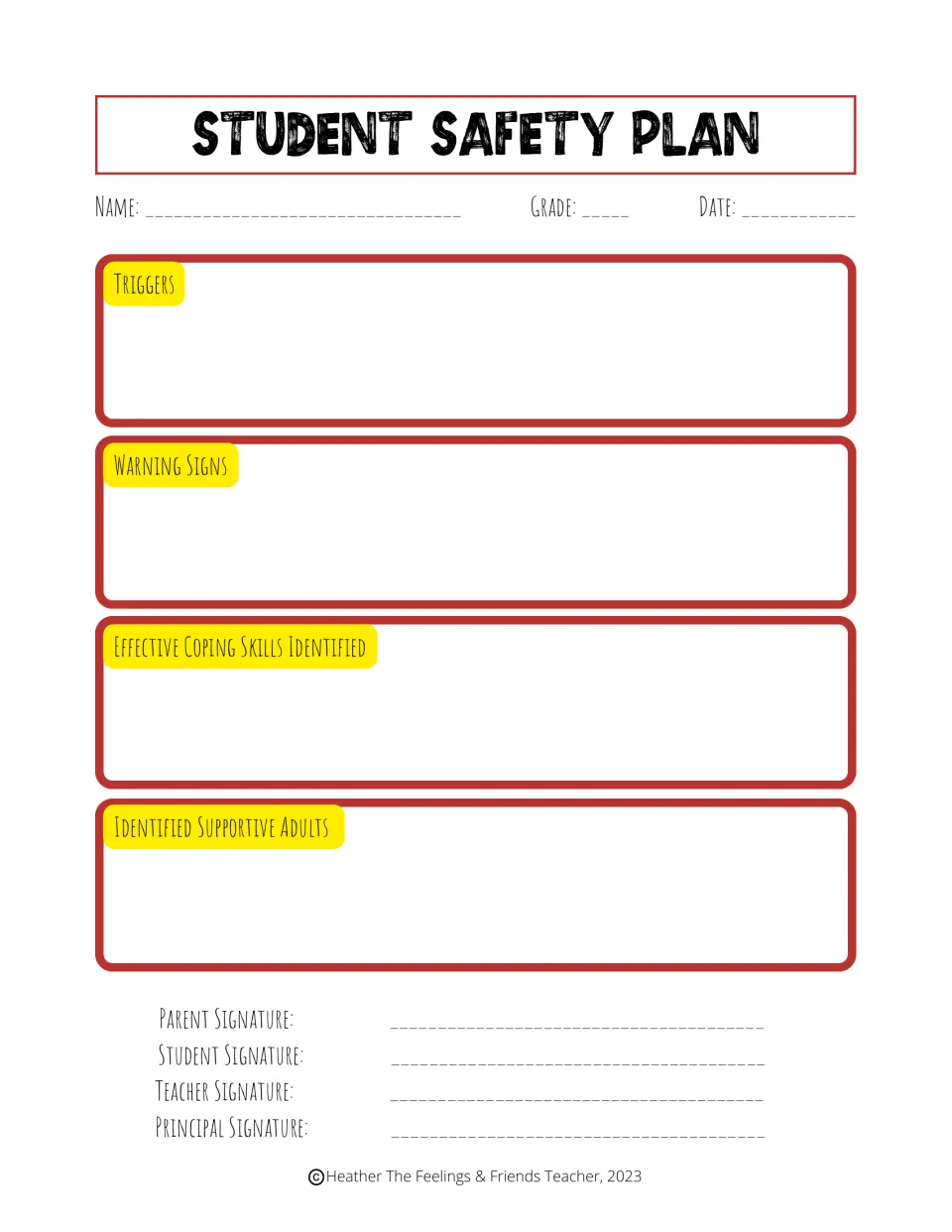Student safety plan: triggers, warning signs, coping skills and supportive adults, with a principal signature