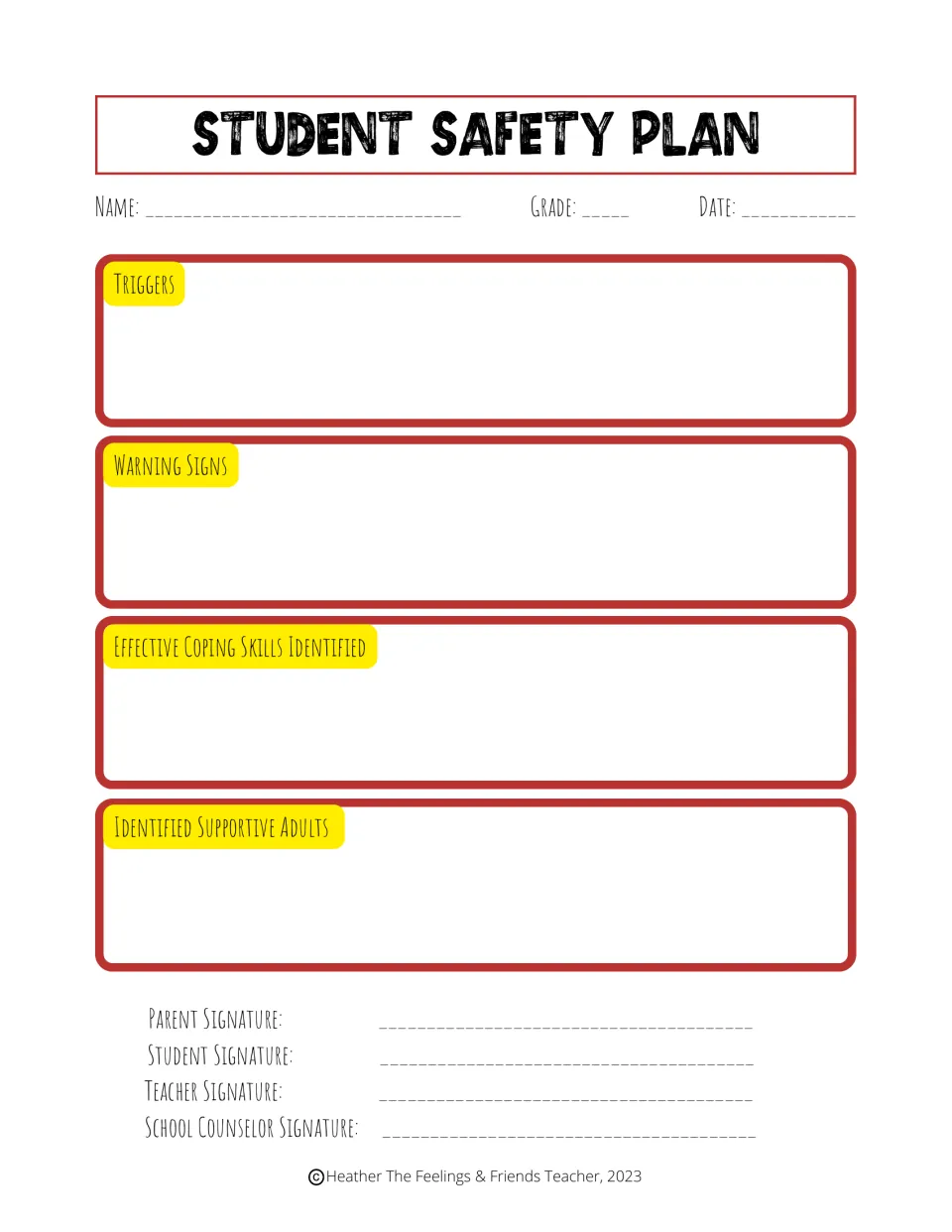 Student safety plan: triggers, warning signs, coping skills and supportive adults, with a school counselor signature