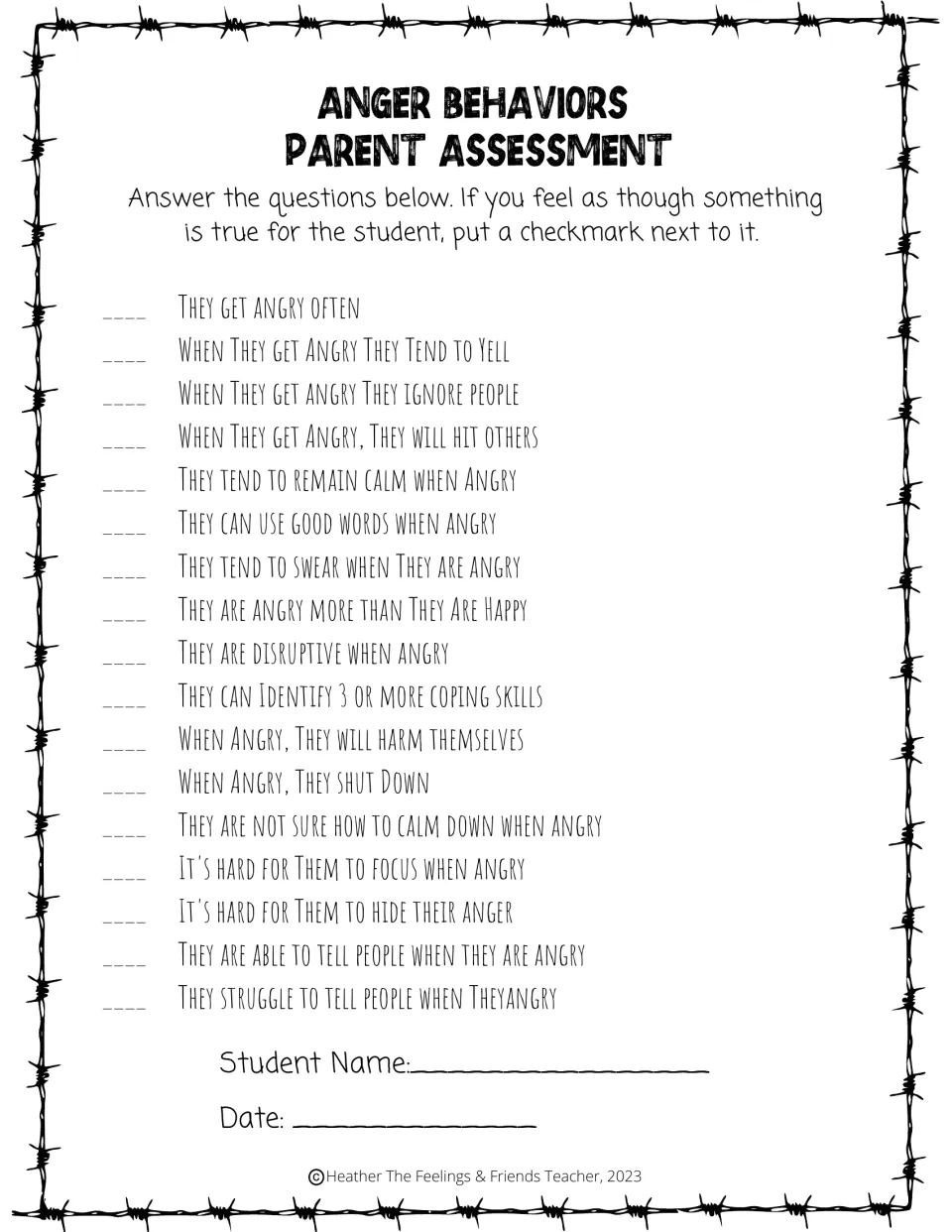 Anger Behaviors Parent Assessment: a parent checks which of 17 statements fit the student, from yelling to coping skills