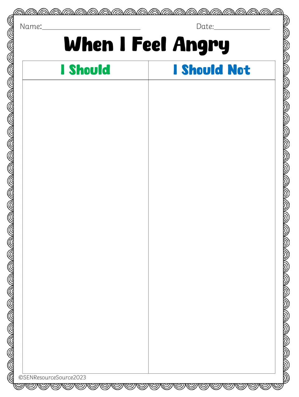 When I Feel Angry sort mat: students glue anger choices under I Should or I Should Not, with name and date to fill in