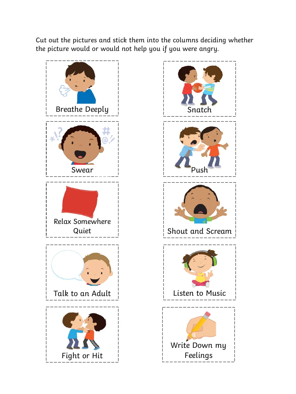 Anger choices cut-outs: 10 picture cards such as Breathe Deeply, Push, Swear and Talk to an Adult for students to sort
