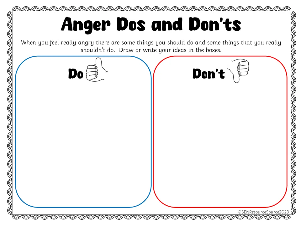Anger Dos and Don'ts: students draw or write what they should and shouldn't do when really angry, under Do and Don't
