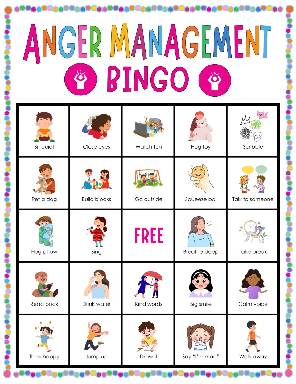Bingo board 1: Sit quiet, Close eyes, Watch fun, Hug toy and 20 more coping prompts, plus a free space