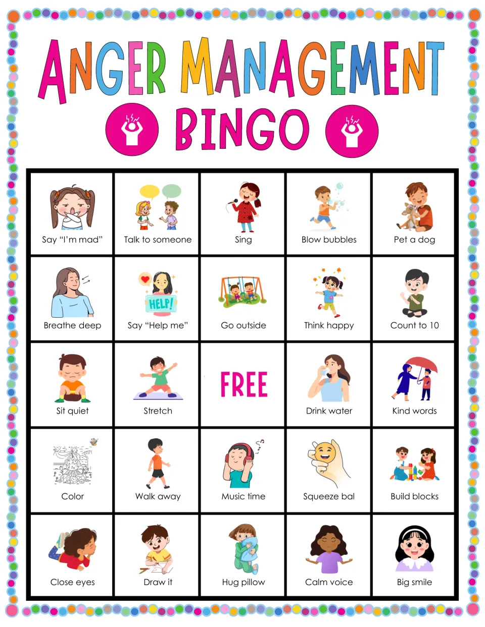 Bingo board 2: Sing, Blow bubbles, Pet a dog and 21 more illustrated coping prompts, plus a free space