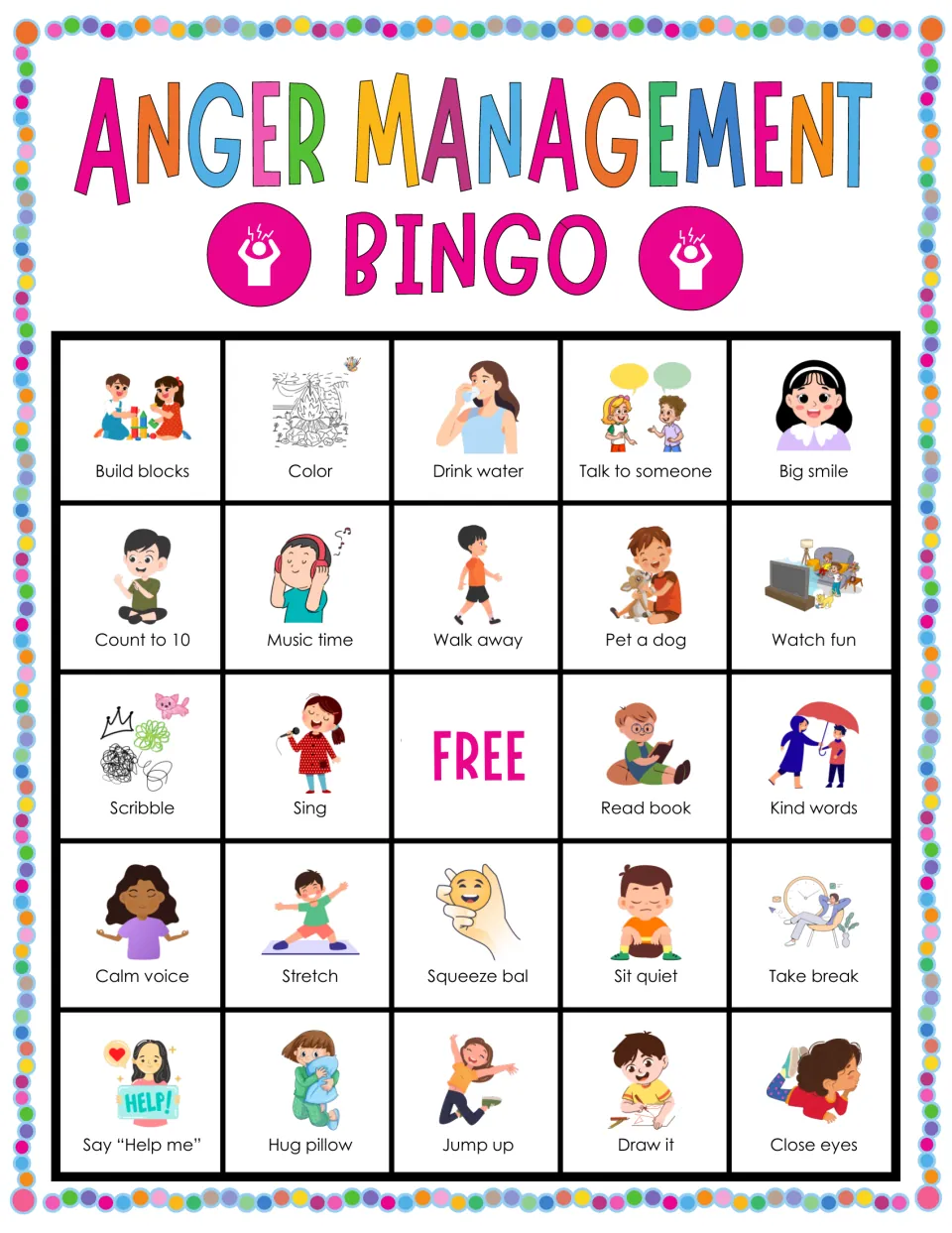 Bingo board 4: Build blocks, Color, Drink water and 21 more illustrated coping prompts, plus a free space