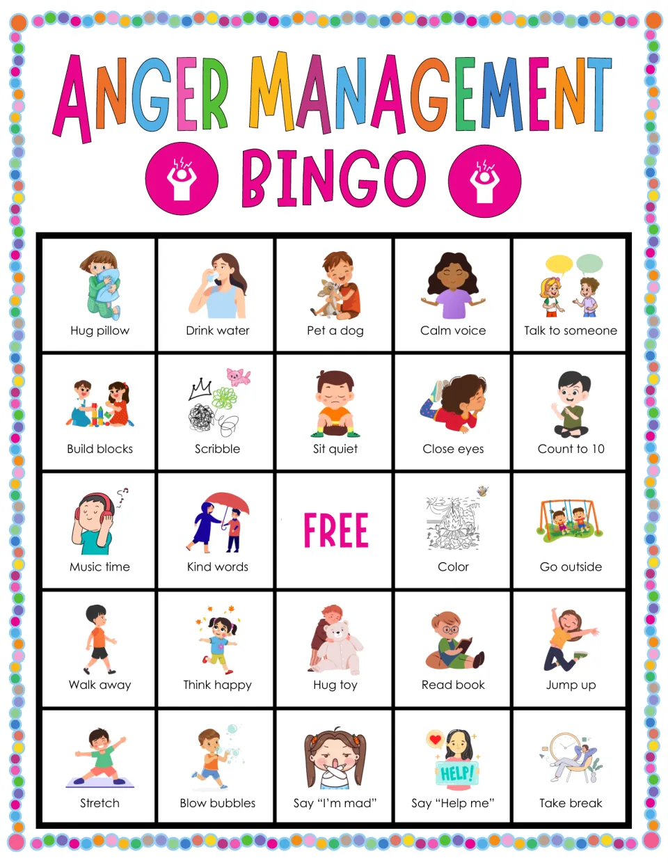 Bingo board 5: Hug pillow, Drink water, Pet a dog and 21 more illustrated coping prompts, plus a free space