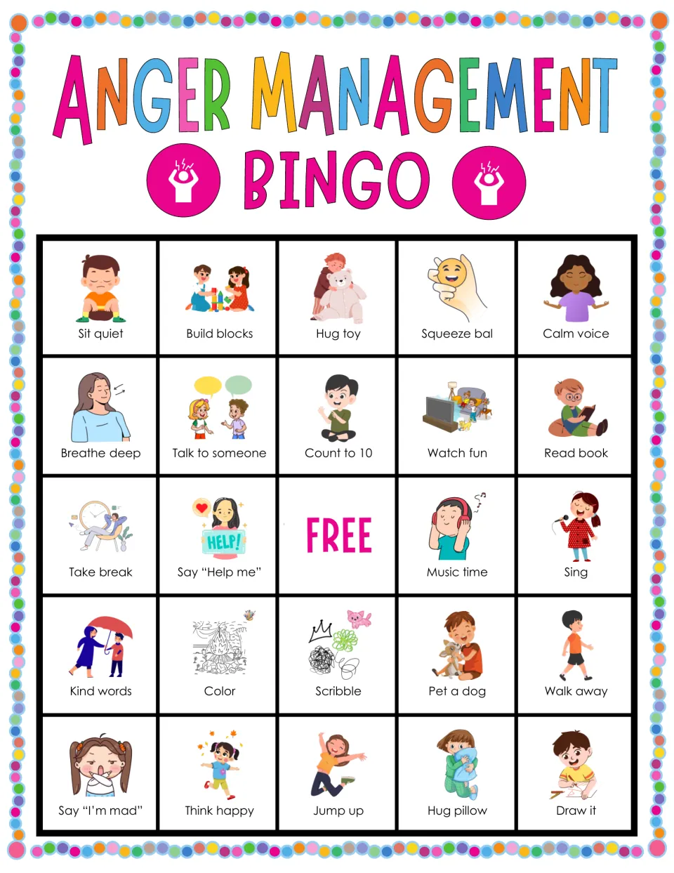 Bingo board 7: Sit quiet, Build blocks, Hug toy and 21 more illustrated coping prompts, plus a free space