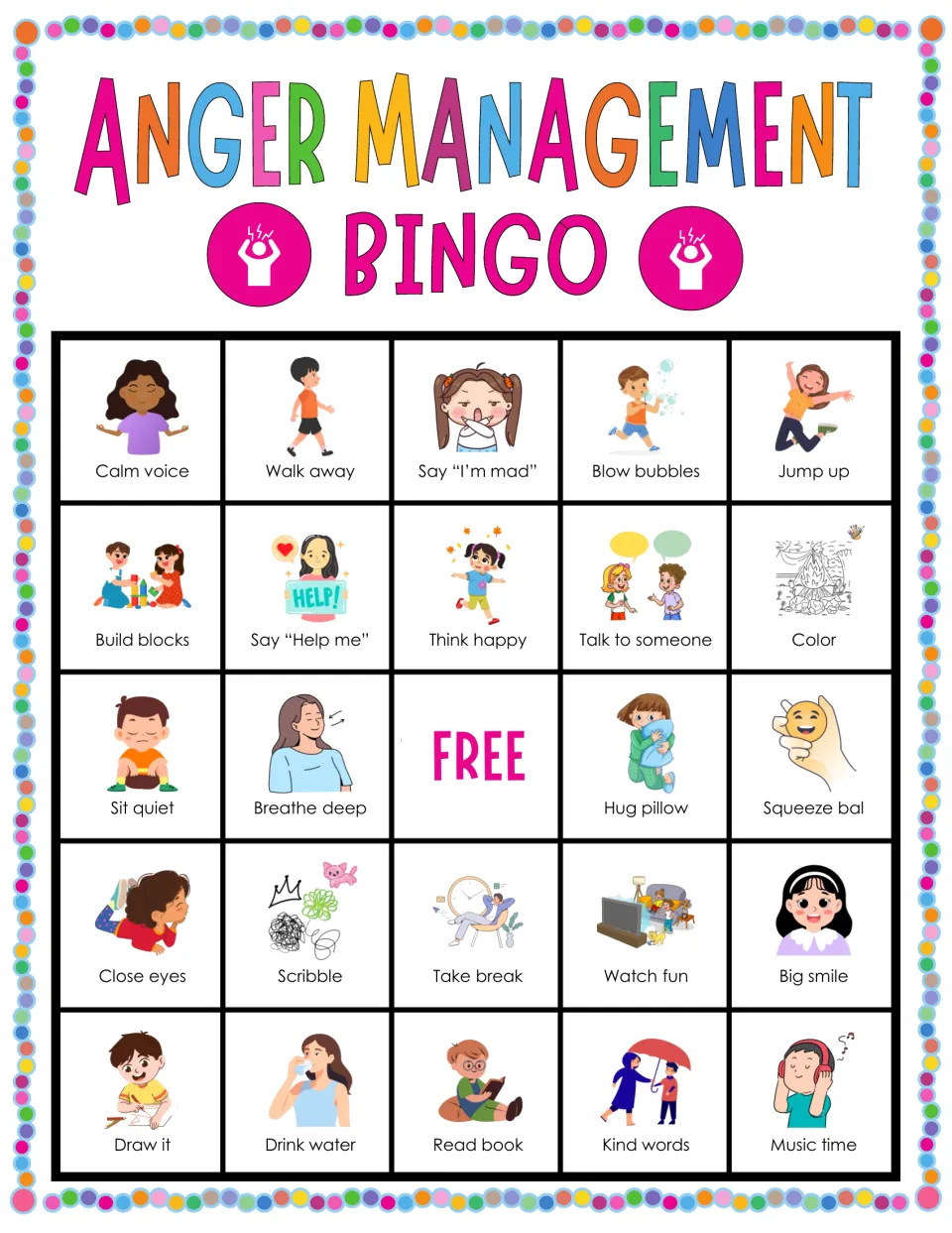 Bingo board 9: Calm voice, Walk away, Say “I’m mad” and 21 more illustrated coping prompts, plus a free space