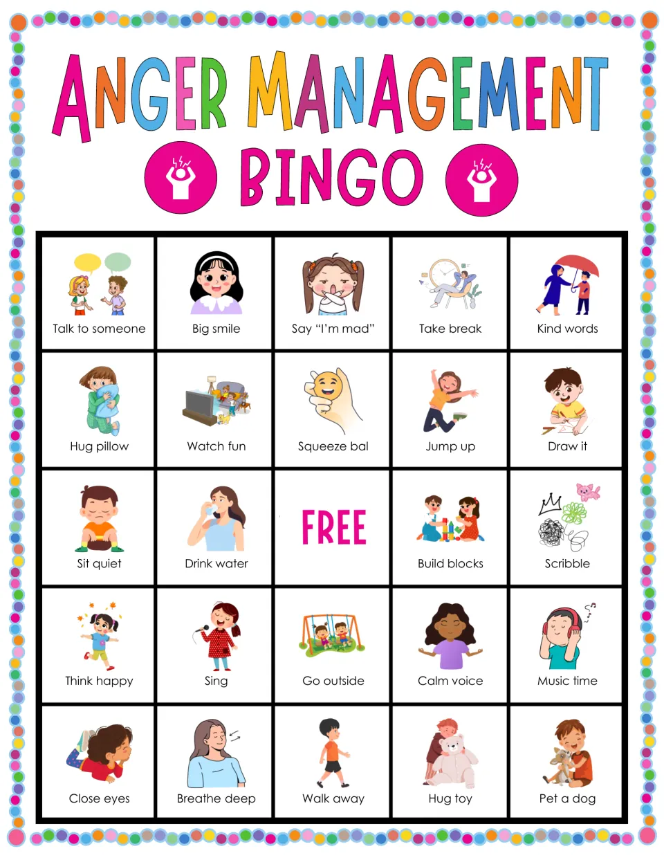 Bingo board 10: Talk to someone, Big smile, Take break and 21 more coping prompts, plus a free space