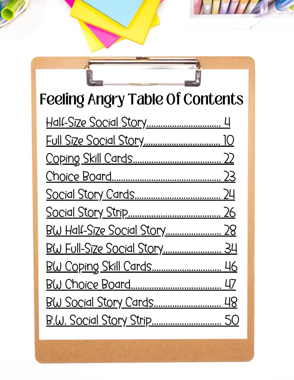 Feeling Angry table of contents listing half and full size social stories, coping skill cards, choice board and story strip