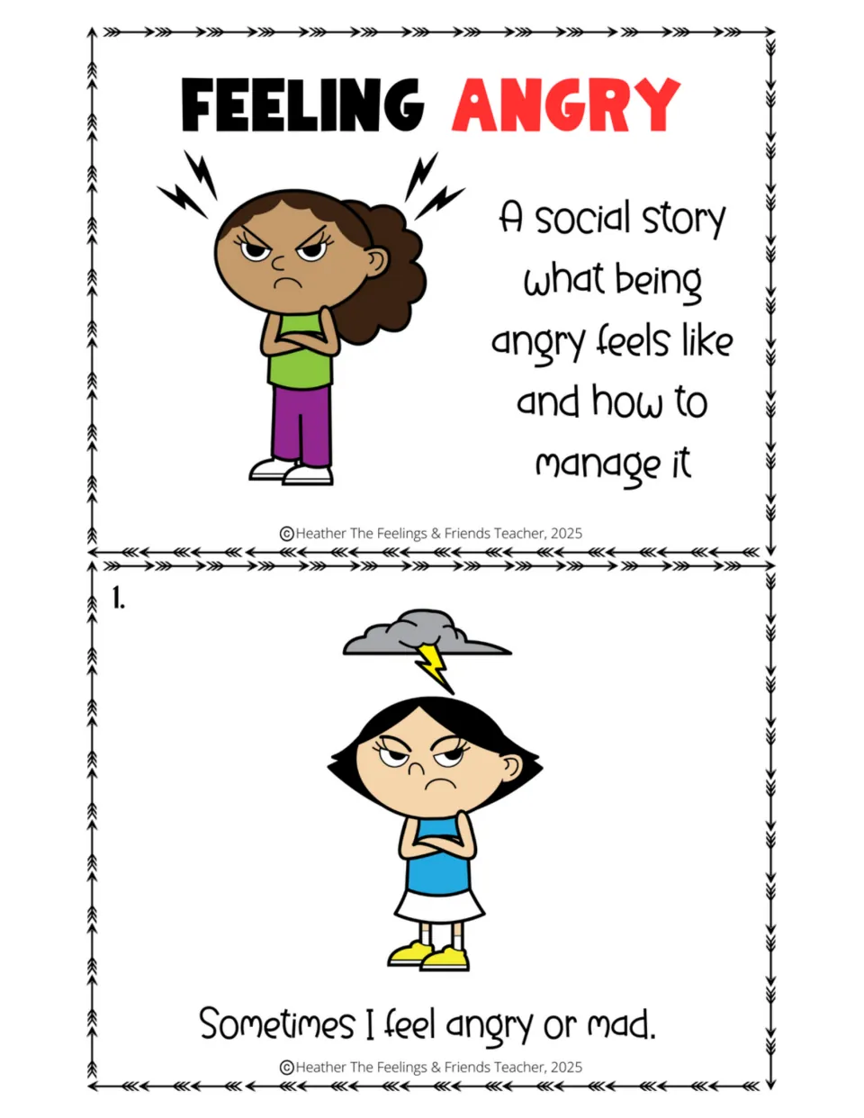 Feeling Angry half-size story: title card on managing anger, then page 1, a scowling girl who feels angry or mad