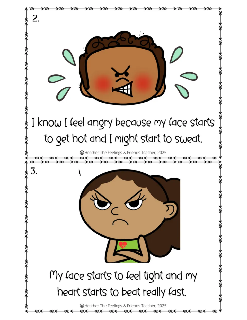 Anger body signals, pages 2 and 3: a hot, sweaty face, then a tight face and a fast heartbeat, naming how anger feels