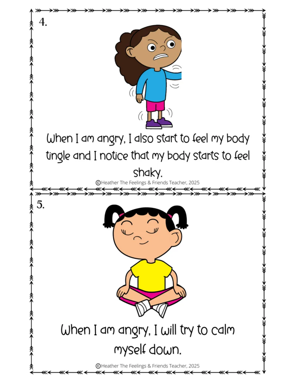 Noticing anger, pages 4 and 5: a girl's body feels tingly and shaky, then a calm girl sits cross-legged to settle down