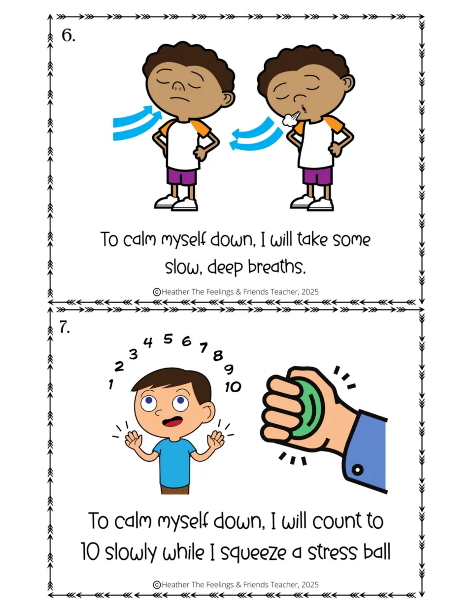 Calming strategies, pages 6 and 7: a boy takes slow, deep breaths, then a child counts to 10 while squeezing a stress ball
