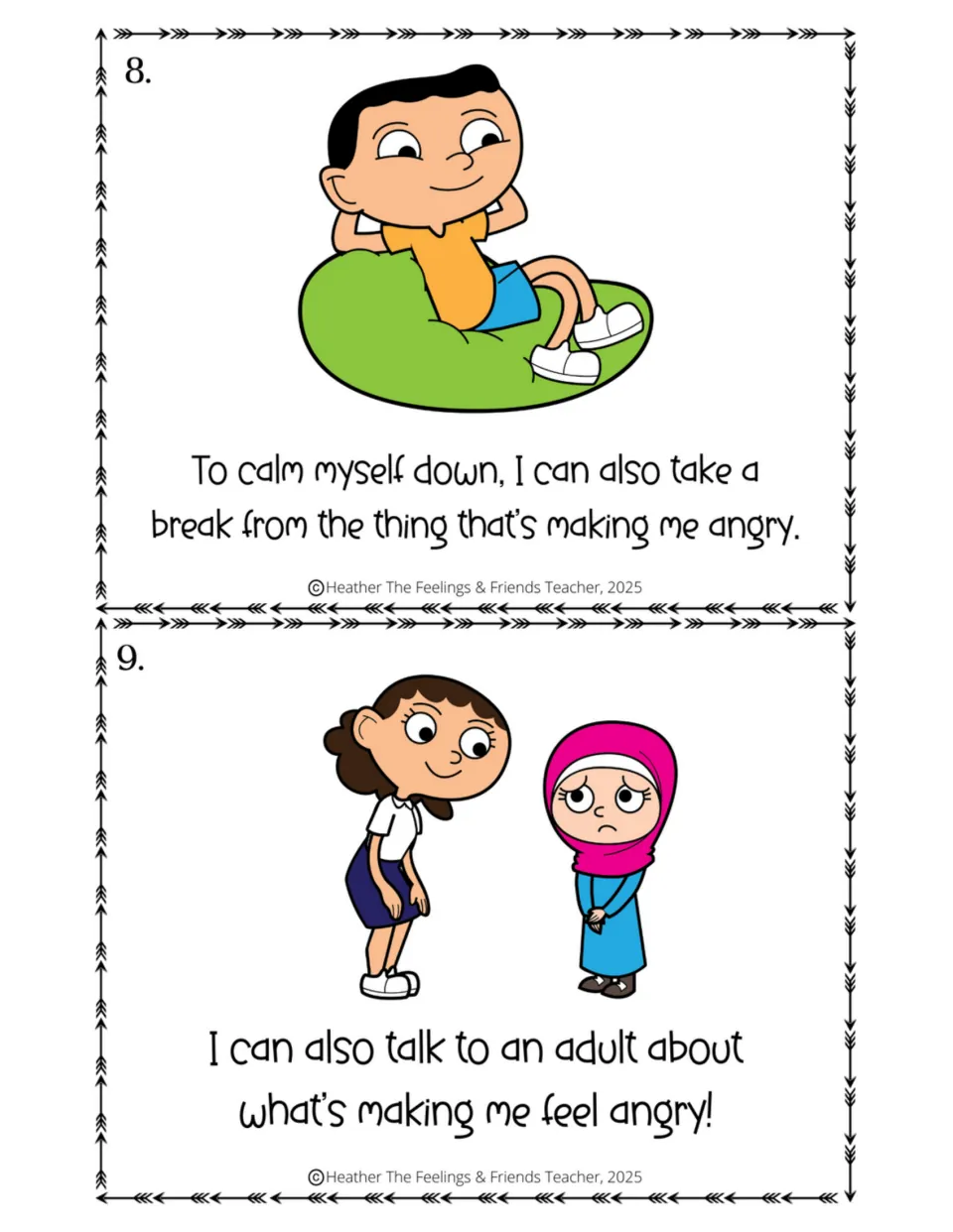 More coping choices, pages 8 and 9: a boy takes a break on a beanbag, and a child talks to an adult about anger