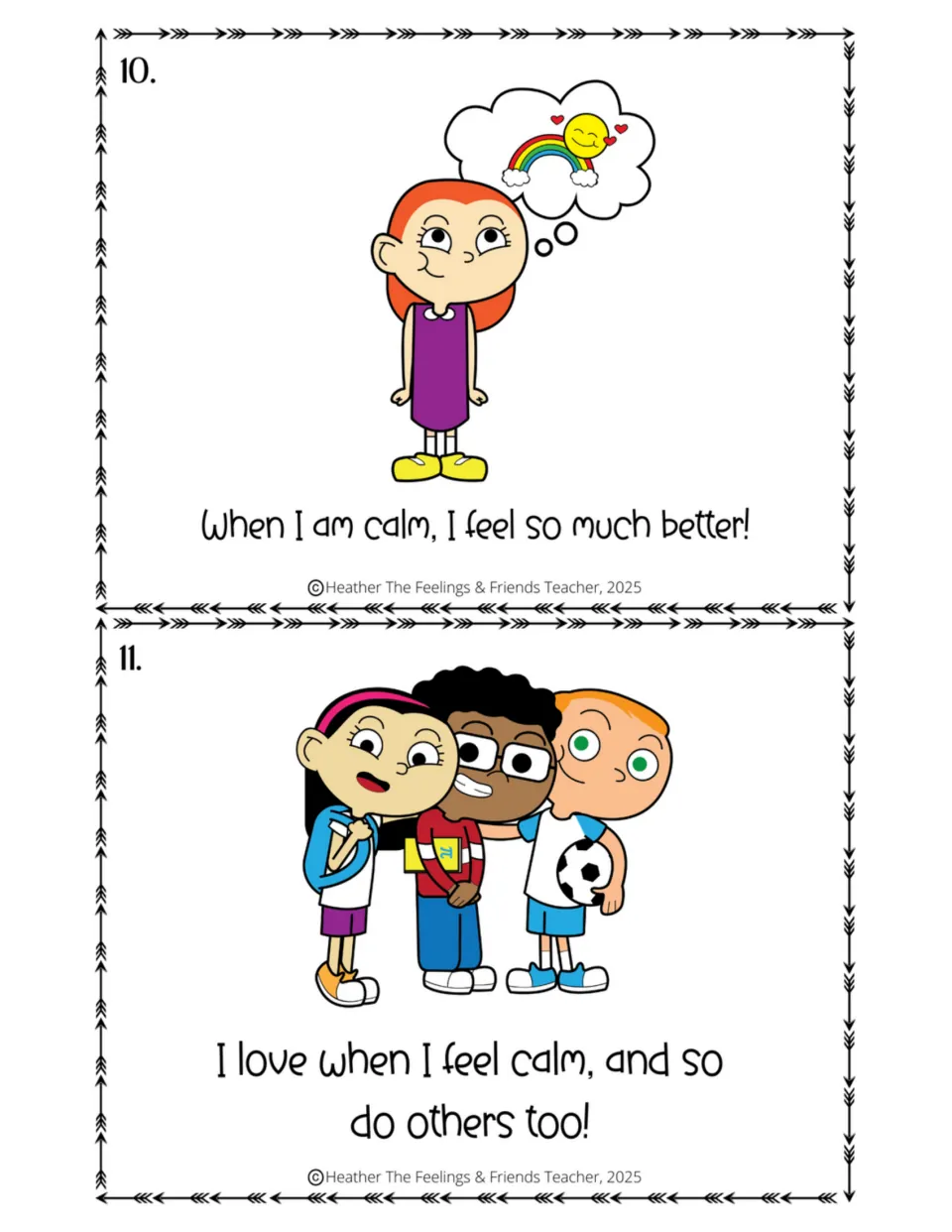 Story ending, pages 10 and 11: a girl feels better when calm, dreaming of a rainbow, and three friends share the calm