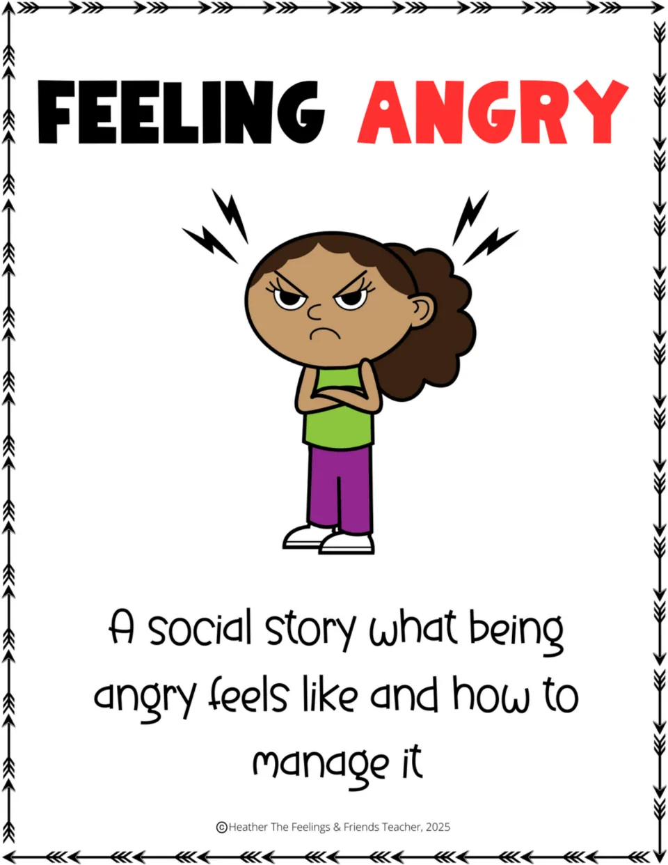 Full-size Feeling Angry title page: a scowling girl under lightning bolts introduces a story on managing anger
