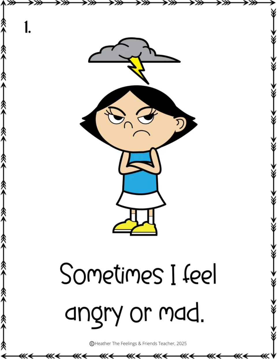 Full-size page 1: a frowning girl stands under a storm cloud above the sentence Sometimes I feel angry or mad