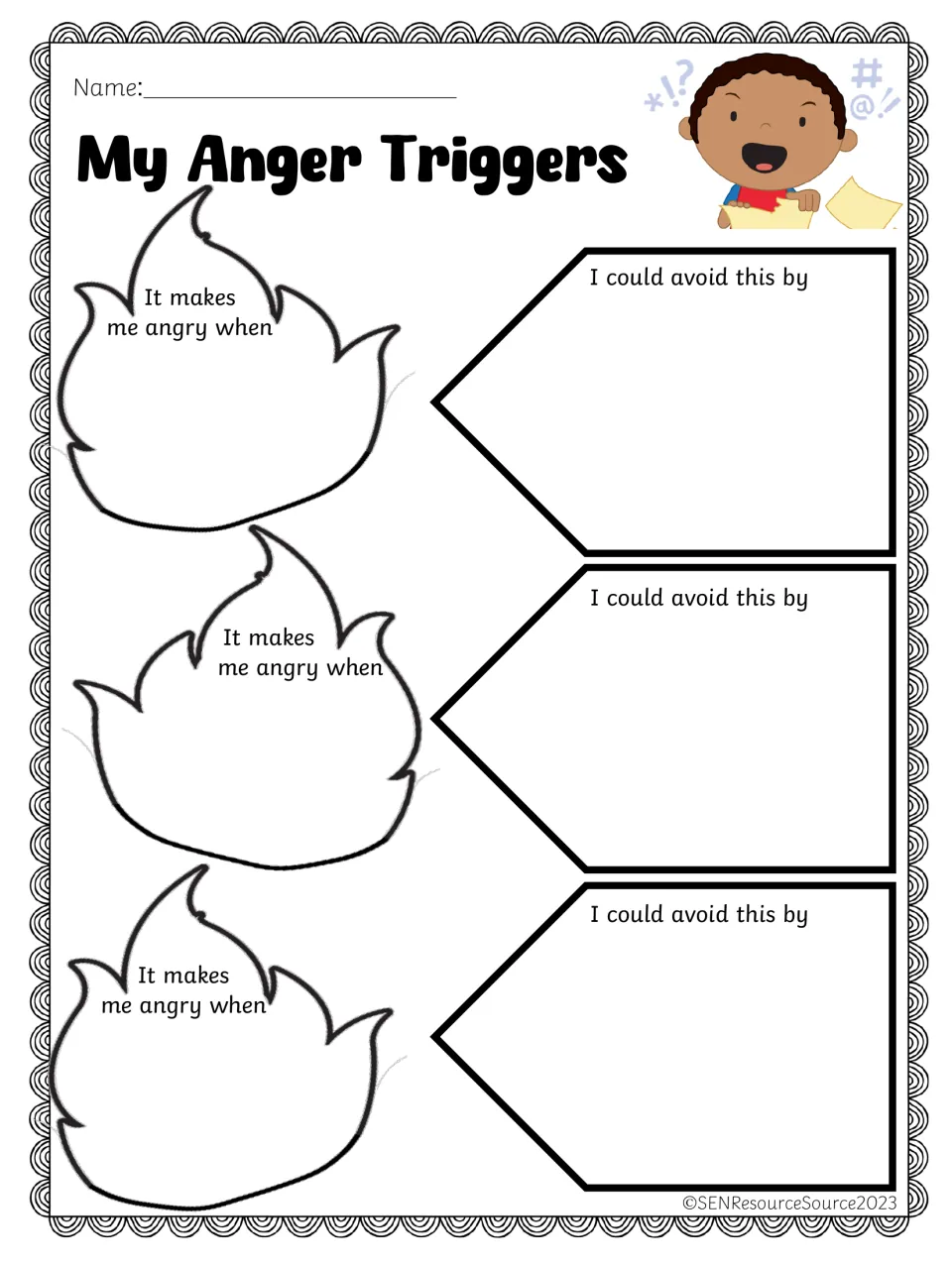 My Anger Triggers: students write three things that make them angry, each paired with a way they could avoid it