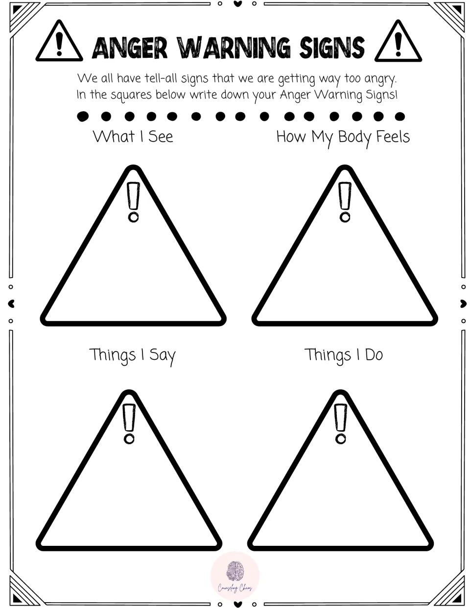 Anger warning signs: students write what they see, how their body feels, things they say and things they do when angry