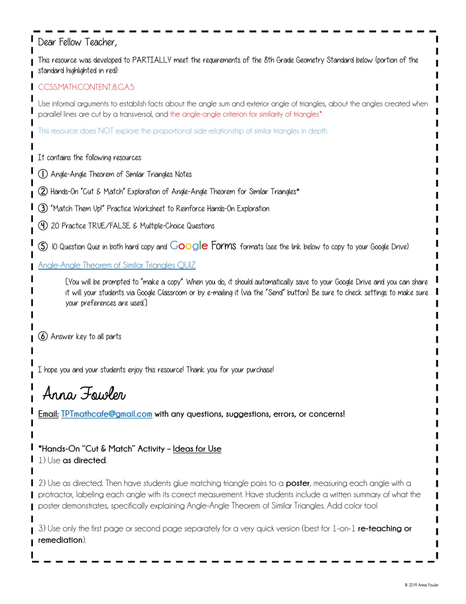 Teacher letter listing the six parts: notes, cut and match, Match Them Up, 20 practice items, 10-question quiz, answer key