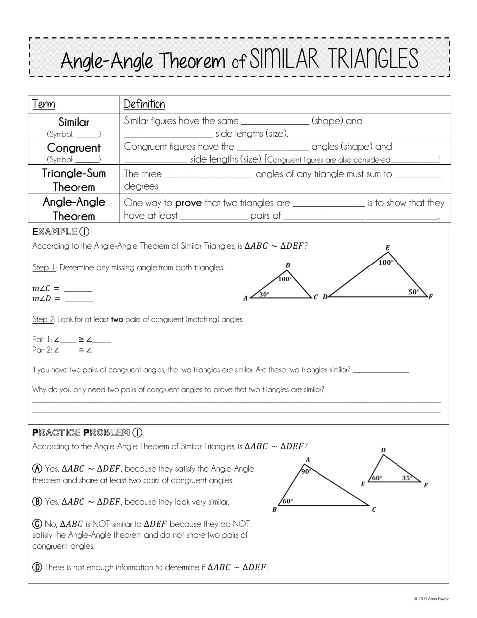 Guided notes on similar triangles: fill in definitions of similar, congruent and AA, then find missing angles in Example 1