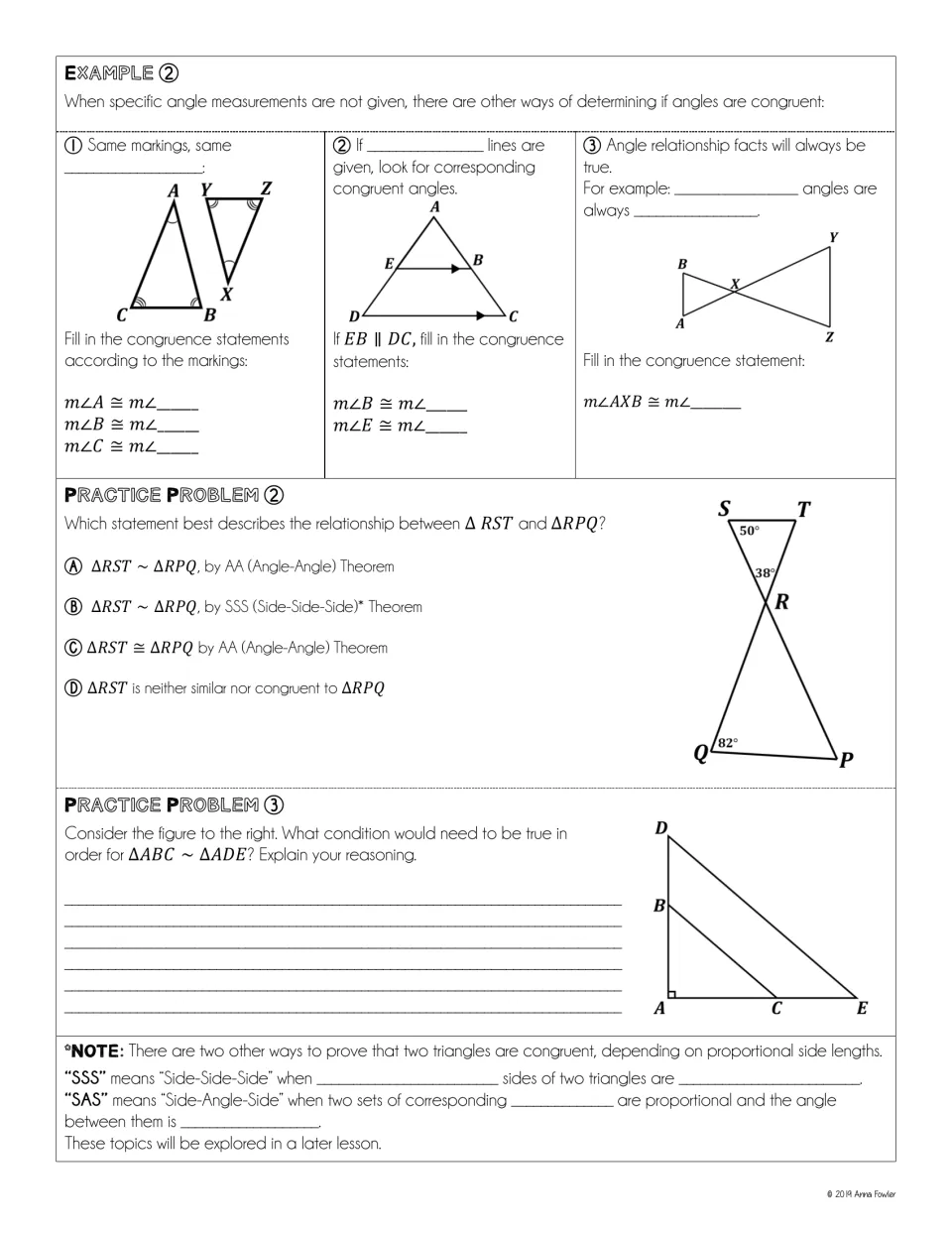Notes Example 2: spotting congruent angles from markings, parallel lines and angle facts, then practice problems 2 and 3